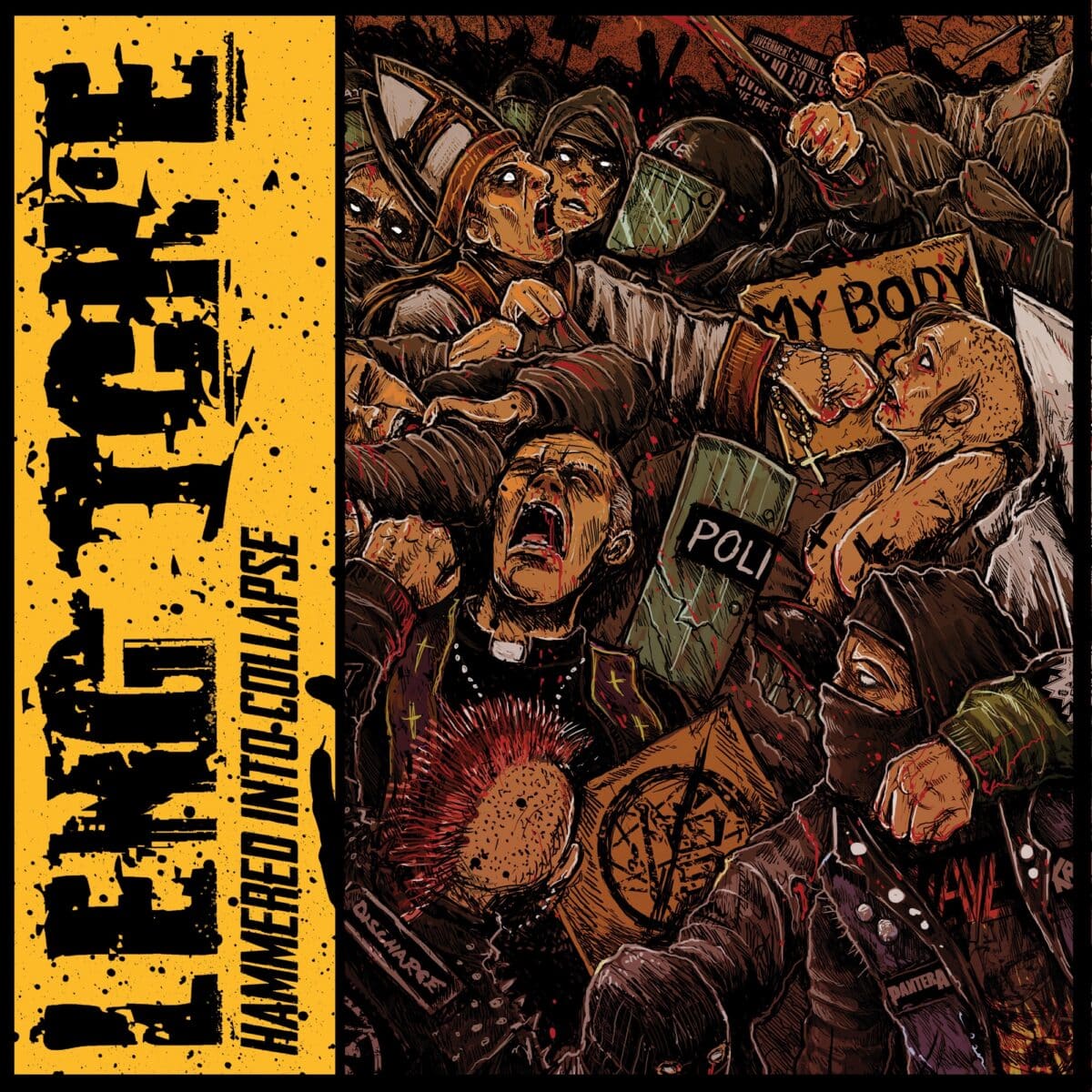 Leng Tch’e Hammered Into Collapse EP cover artwork featuring a violent illustrated collage with distressed yellow and black typography.