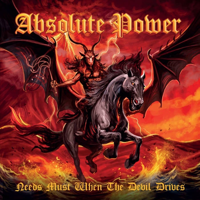 Absolute Power Needs Must When The Devil Drives album cover featuring a horned devil riding a black winged horse through flames and lightning.