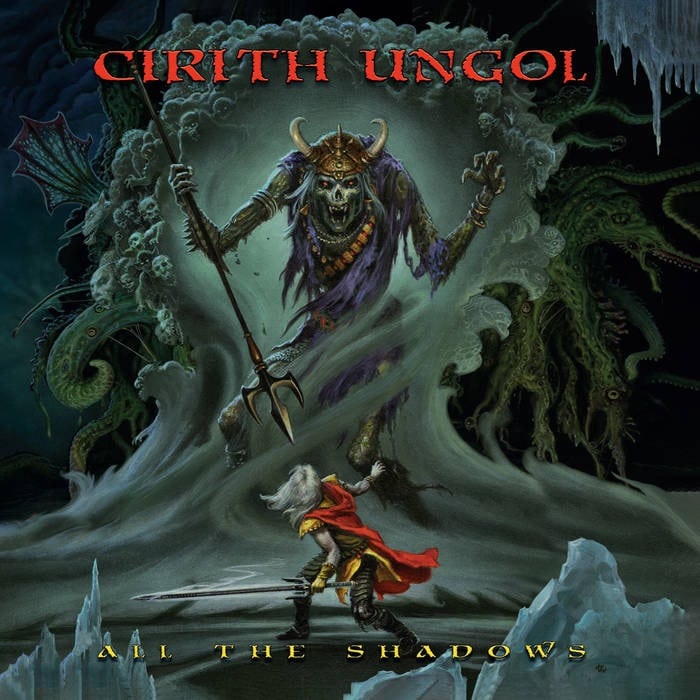 Cirith Ungol All The Shadows album cover showing a towering skeletal sorcerer confronting a sword-wielding warrior in a dark fantasy landscape.