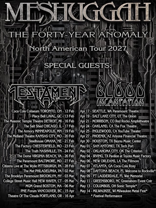 Meshuggah The Forty-Year Anomaly 2027 North American tour poster featuring Testament, Blood Incantation and scheduled concert dates.
