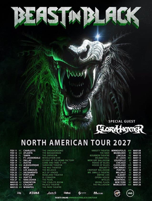 Beast in Black and Gloryhammer North American Tour 2027 poster featuring a roaring green-lit fantasy creature and February–March concert dates.