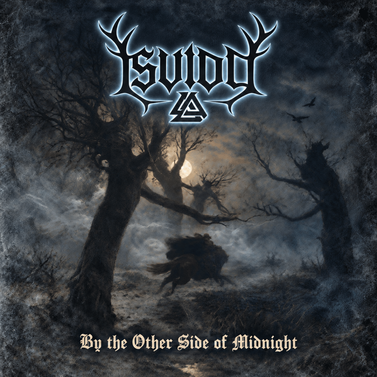 ISVIDD By the Other Side of Midnight single artwork featuring a moonlit Nordic forest, twisted trees and a mysterious rider.